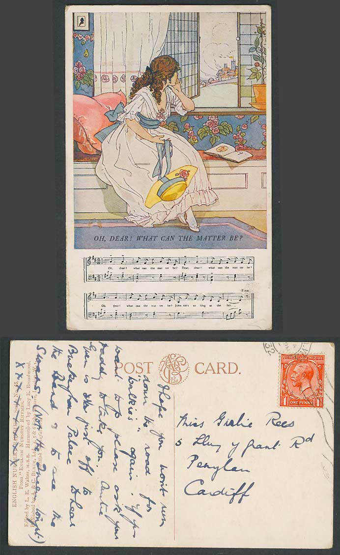 English Nursery Rhyme 1932 Old Postcard Oh Dear What Can The Matter Be Song Card