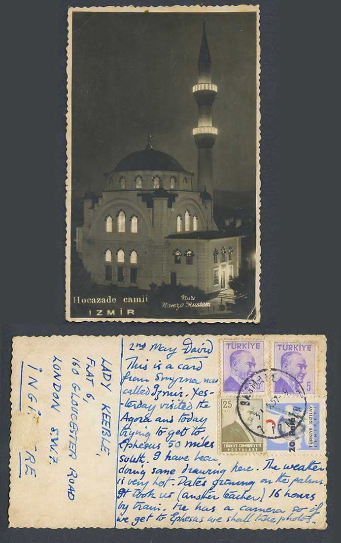 Turkey Izmir Smyrne 1957 Old RP Postcard Hocazade Camii Alsancak Hocazade Mosque