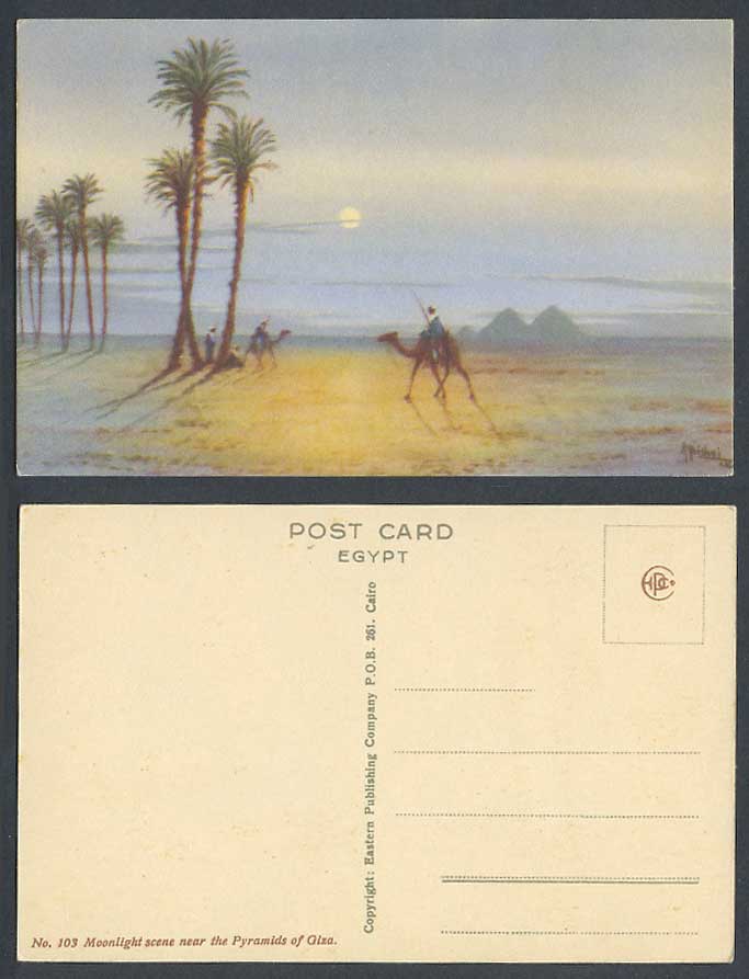 Egypt Ayoub A. Bishai Old Postcard Moonlight near Pyramids Giza Camel Rider Moon