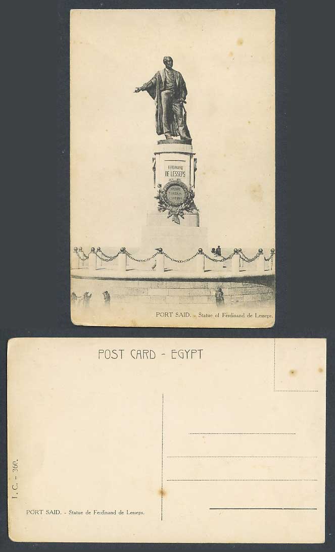 Egypt Old Postcard Port Said Statue of Ferdinand Lesseps Suez Canal Engineer 360