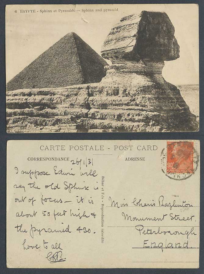 Egypt 90c 1931 Old Postcard Cairo Sphinx and Pyramid Sphinx et Pyramide Le Caire