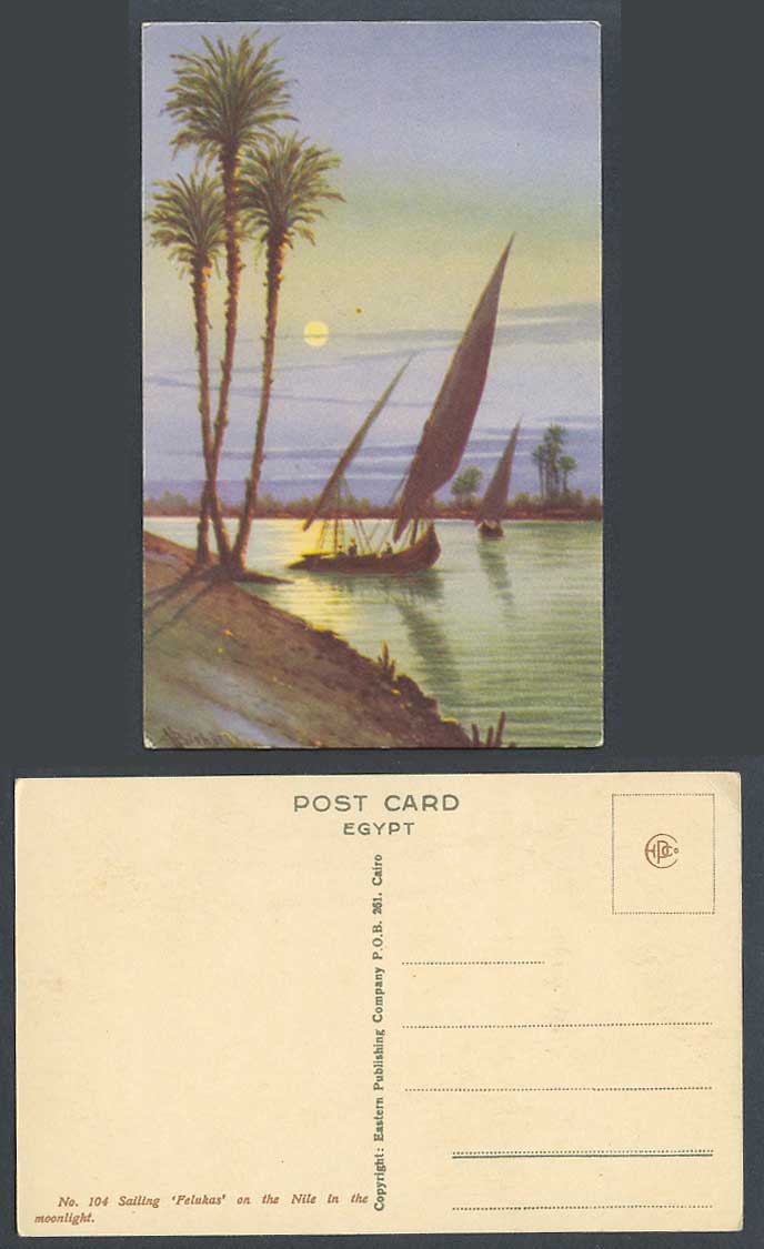 Egypt Ayoub A. Bishai Old Postcard Sailing Boat FELUKAS on Nile River, Moonlight