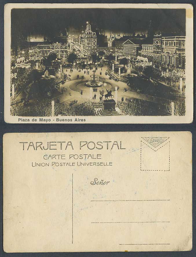 Argentina Old Real Photo Postcard Buenos Aires Plaza de Mayo Night Illuminations