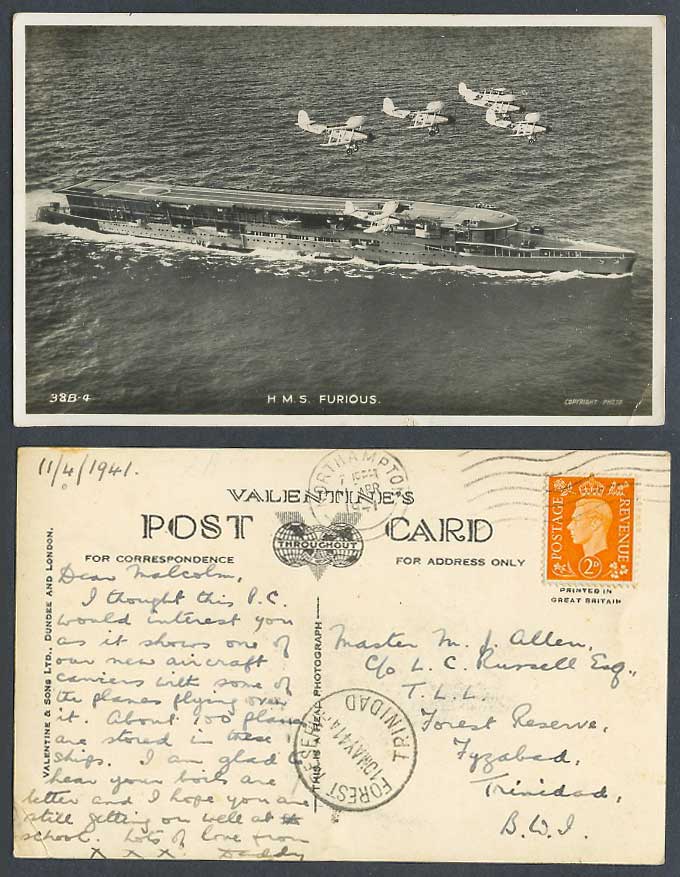 H.M.S. FURIOUS, Aircraft Carrier Ship Warship Biplane Warplane 1941 Old Postcard