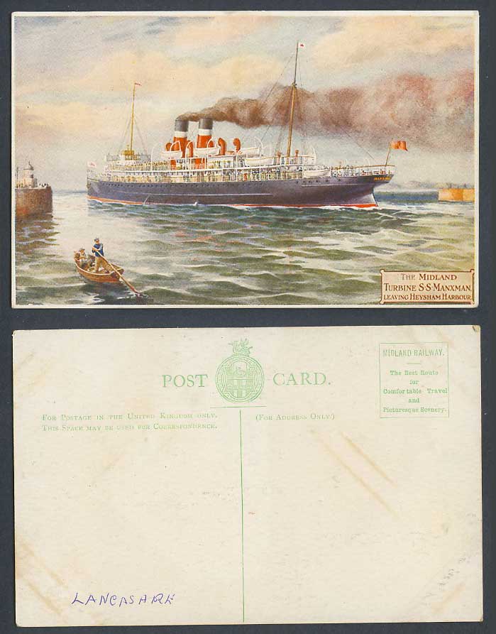 Heysham Harbour, The Midland Turban S.S. Manxman Steam Ship Steamer Old Postcard