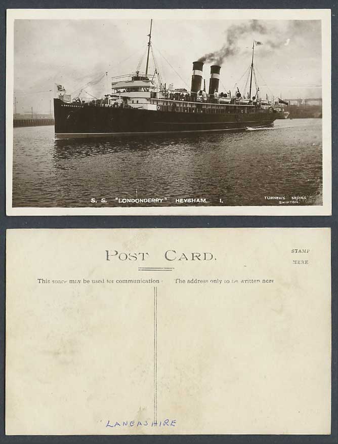 S.S. Londonderry Steam Ship Steamer Heysham Harbour Flag Old Real Photo Postcard