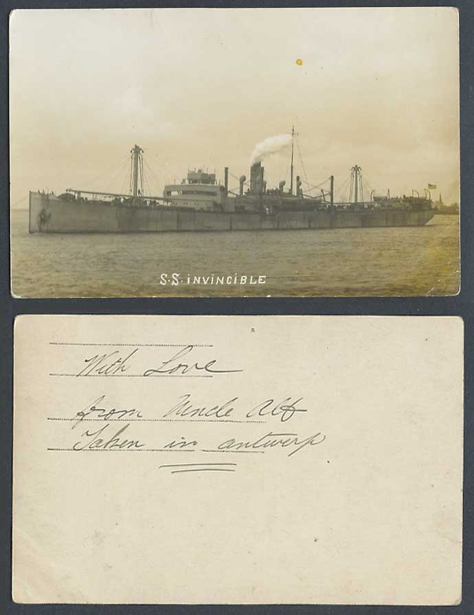 S.S. Invincible Steam Ship Steamer Flag, Antwerp Belgium Old Real Photo Postcard