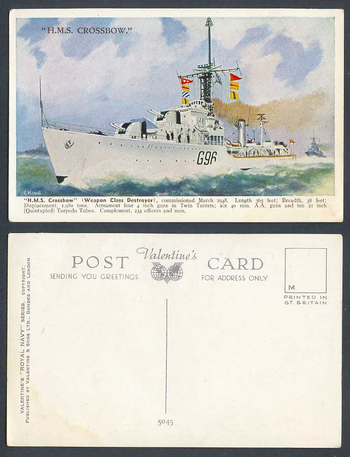 H.M.S. Crossbow G9F Weapon Class Destroyer Royal Navy C King Artist Old Postcard
