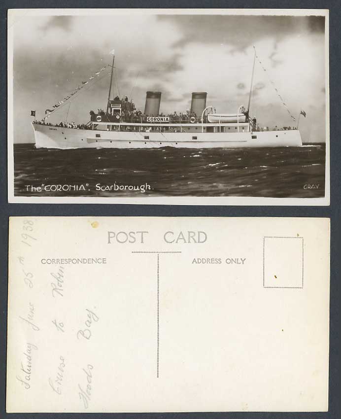 The Coronia Steamer Steam Ship, Scarborough to Robin Hoods Bay 1938 Old Postcard