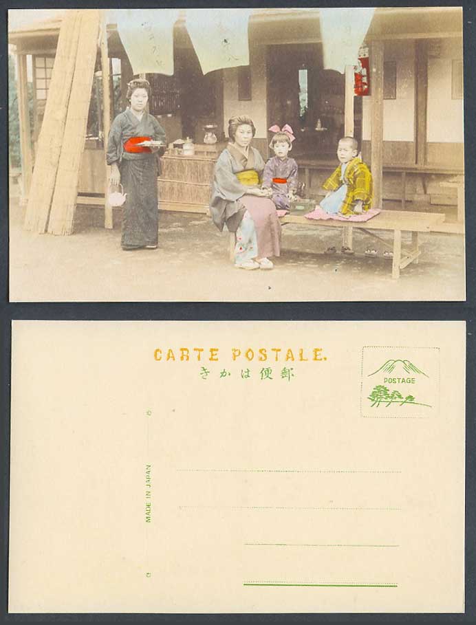 Japan Old Hand Tinted Postcard Japanese Teahouse Teapot, Woman Children Boy Girl