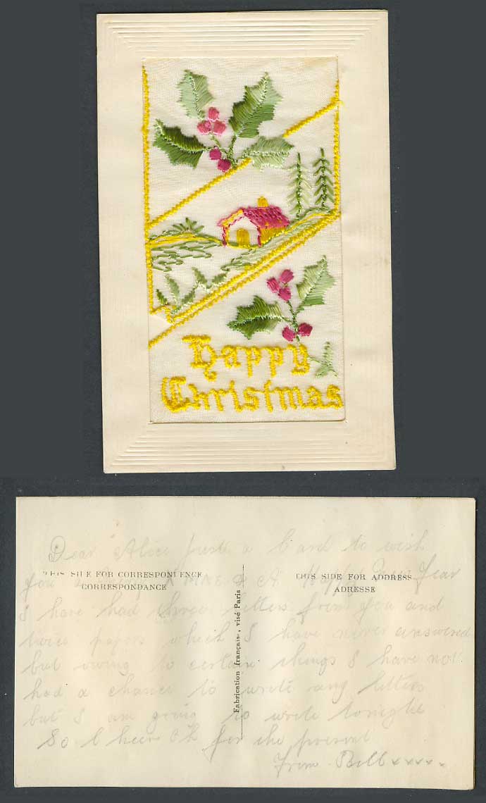 WW1 SILK Embroidered Old Postcard Happy Christmas Holly Cottage House and Wallet