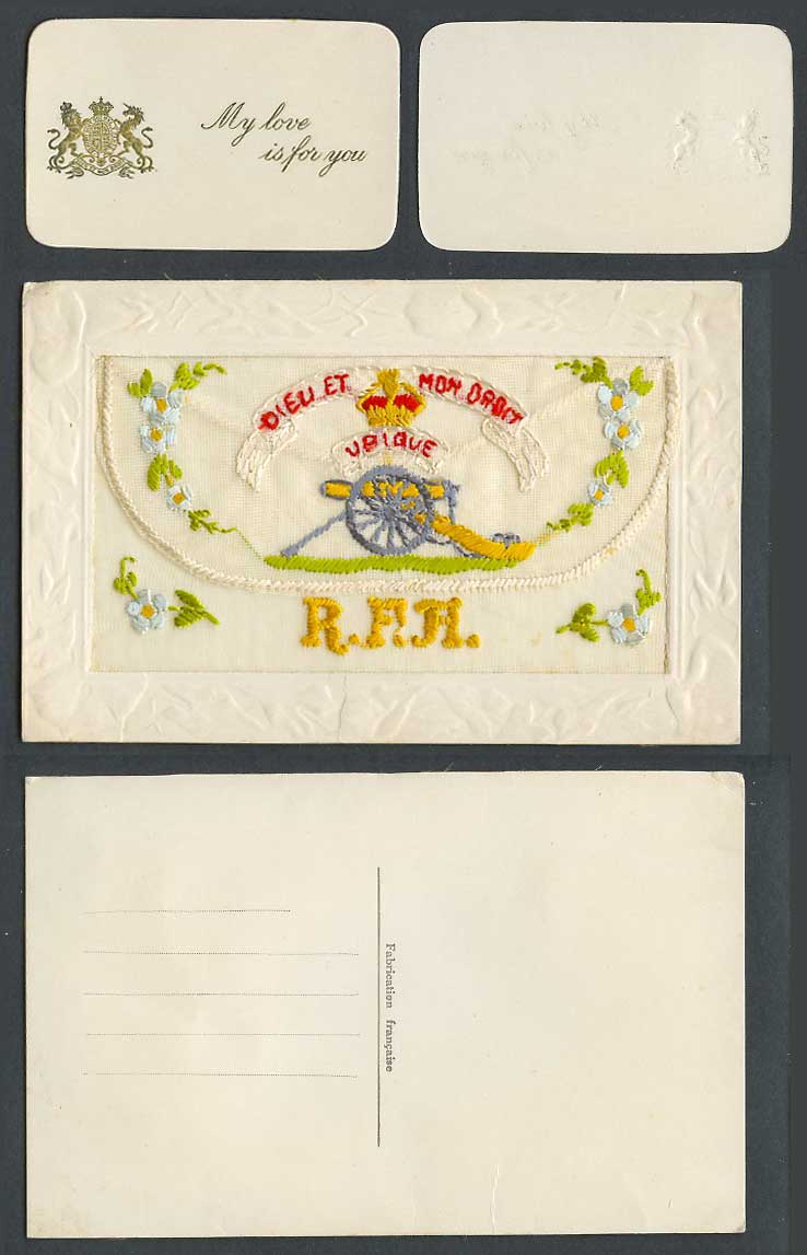 WW1 SILK Embroidered Old Postcard R.F.A. Royal Field Artillery Arms Love For You