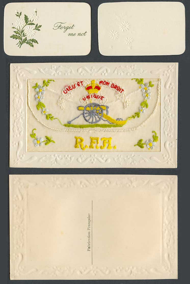 WW1 SILK Embroidered Old Postcard R.F.A. Royal Field Artillery, Coat of Arms Gun