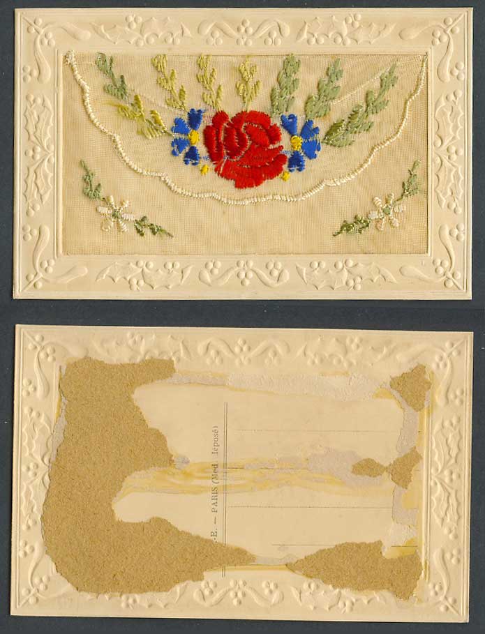 WW1 SILK Embroidered French Old Postcard Flower Flowers with Empty Wallet France