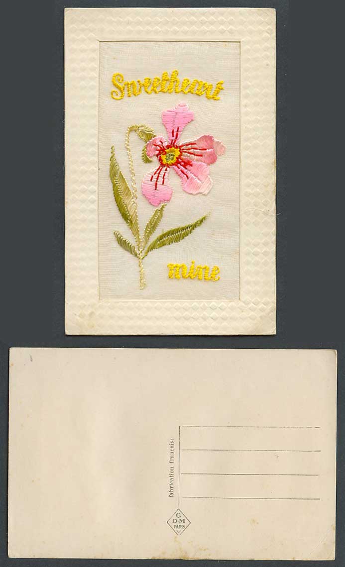 WW1 SILK Embroidered Old Postcard Sweetheart Mine Beautiful Pink Flower, Novelty