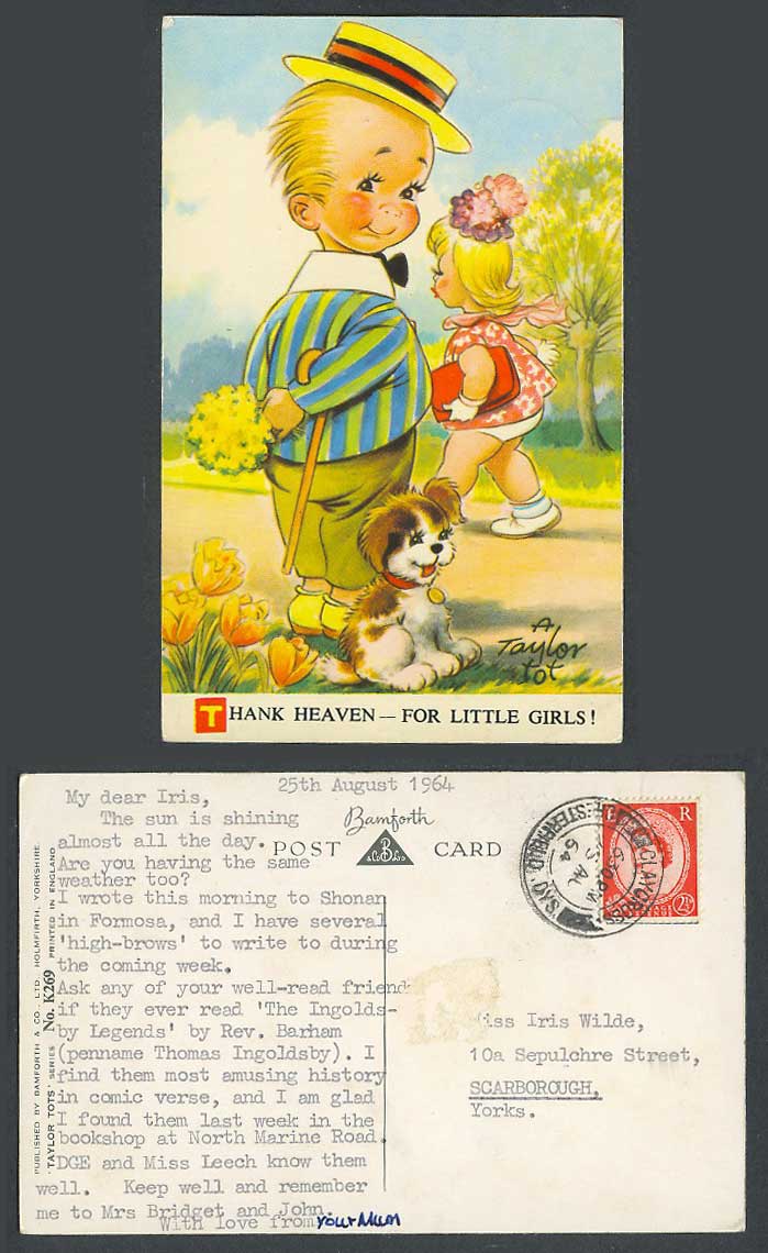 A Taylor Tot 1964 Old Postcard Thank Heaven For Little Girl Dog Puppy Boy Flower