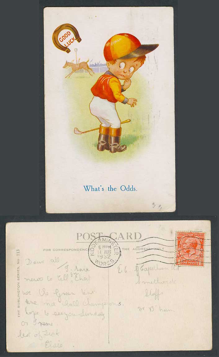 Good Luck Horseshoe Horse Race Golf Golfer Boy What's The Odds 1932 Old Postcard