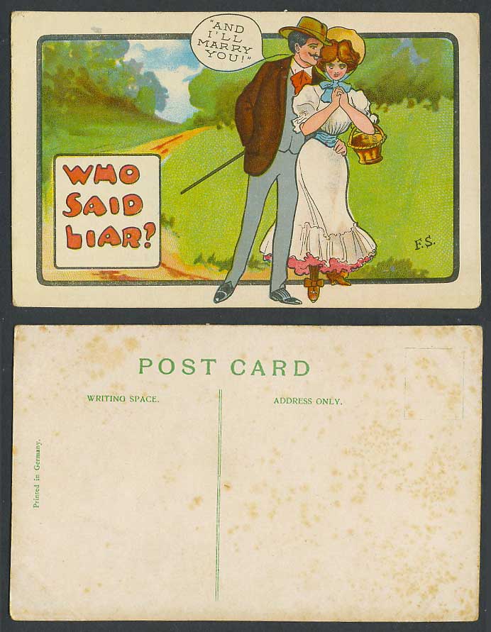 F.S. Artist Signed Who Said Liar? And I'll Marry You! Romance Comic Old Postcard