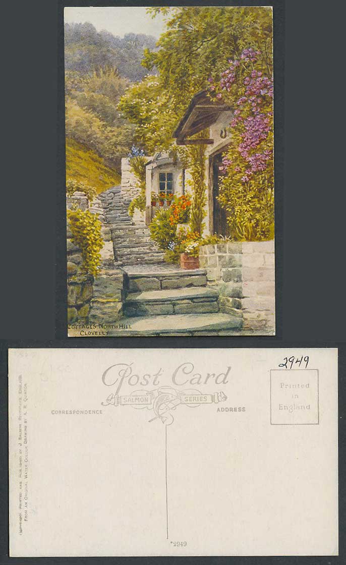 AR Quinton Old Postcard Cottages North Hill Clovelly, Steps & Flowers Devon 2949