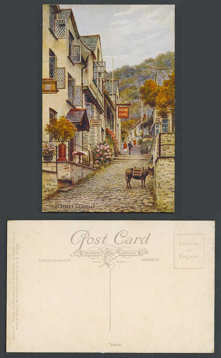 A.R. Quinton Old Postcard High Street Scene, Clovelly, Devon New Inn Donkey 3840