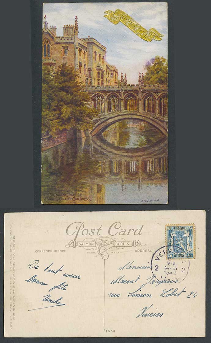 A.R. Quinton 1942 Old Postcard Bridge of Sighs St. John's College Cambridge 1564