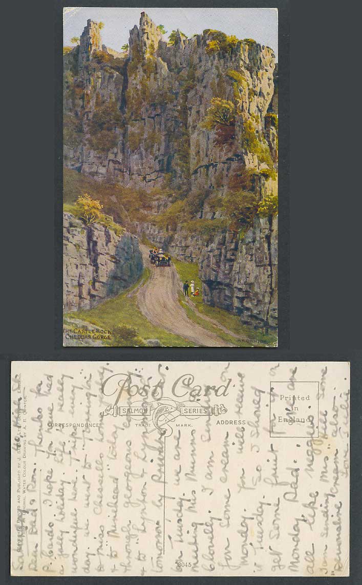 AR Quinton Old Postcard The Castle Rock, Cheddar Gorge, Somerset, Motor Car 3045