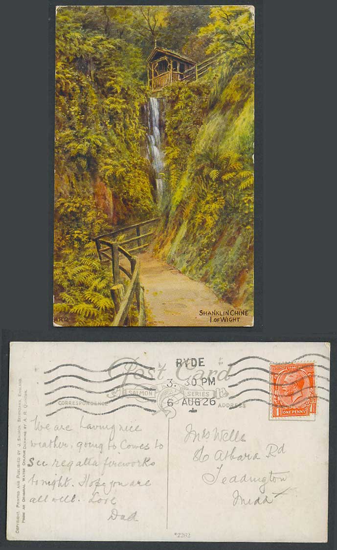 A.R. Quinton 1926 Old Postcard Shanklin Chine Isle of Wight, Waterfall Fall 2262