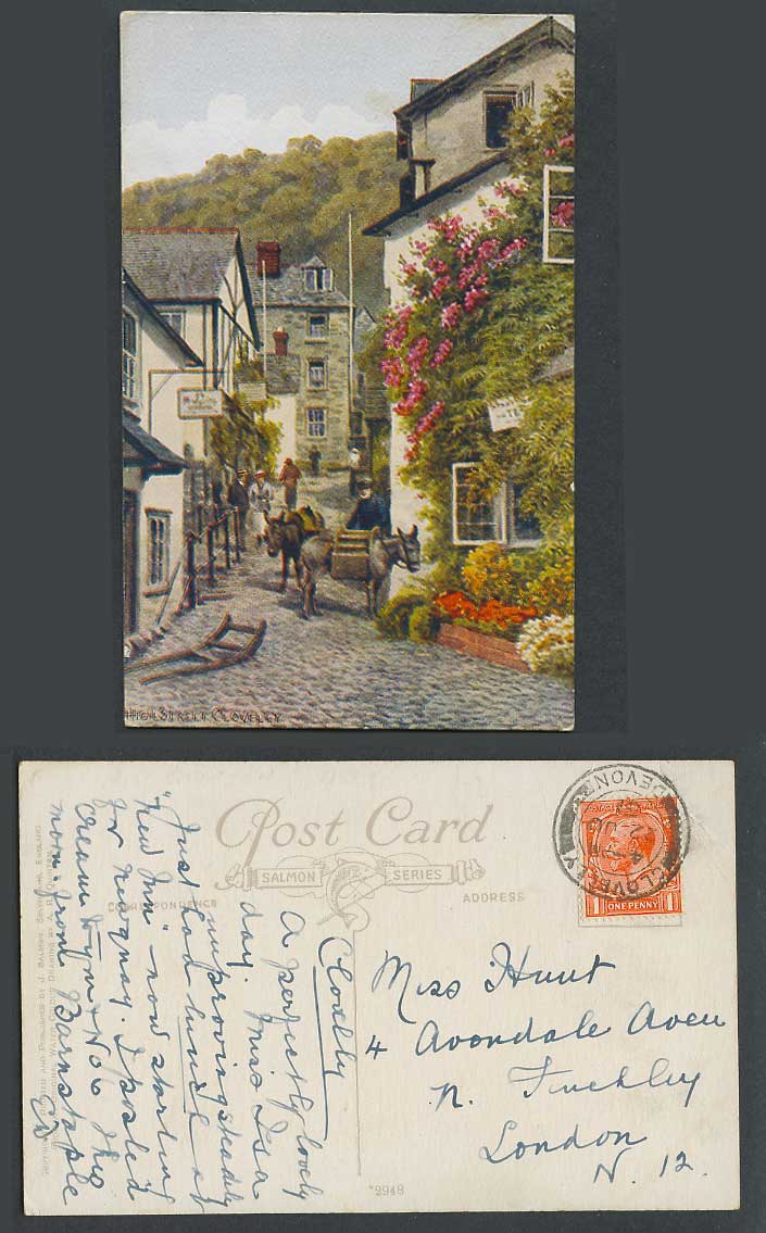AR Quinton 1931 Old Postcard High Street Scene Clovelly Donkey Flower Devon 2948