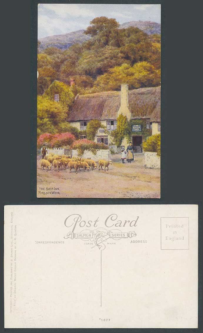 AR Quinton Old Postcard The Ship Inn Hotel Porlock Weir Sheep Shepherd Girl 1877
