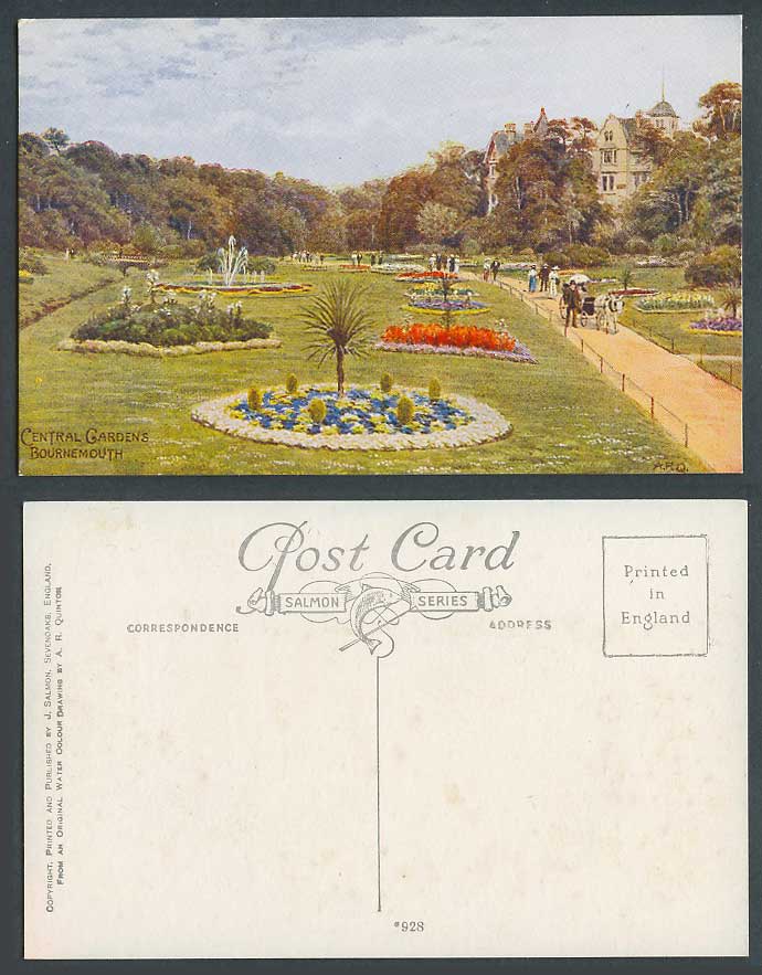 A.R. Quinton Old Postcard Central Gardens Bournemouth Dorset Fountain Donkey 928