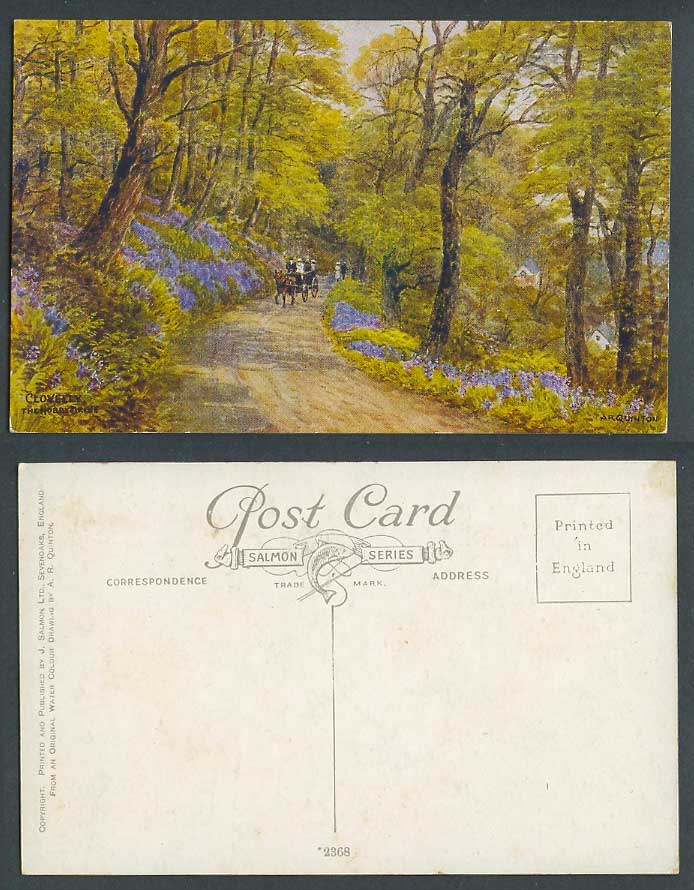 A.R. Quinton Old Postcard CLOVELLY THE HOBBY DRIVE Devon Horse Cart Flowers 2368