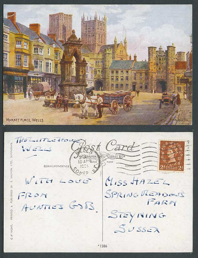 A.R. Quinton 1959 Old Postcard Market Place Wells, Somerset Horse Carts Car 1586