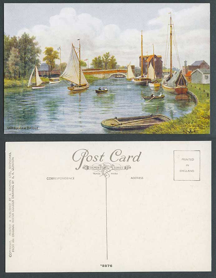 A.R. Quinton Old Postcard Wroxham Bridge River Scene, Norfolk Sailing Boats 2876