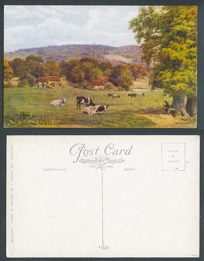 A.R. Quinton Old Postcard Leith Hill from Ockley Green, Cow Cattle Shepherd 1533