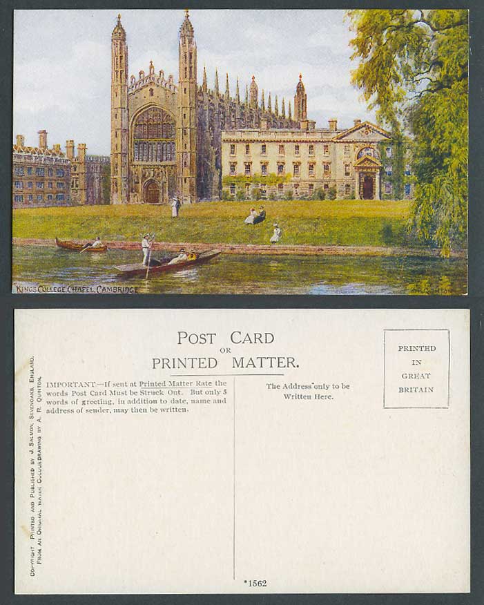 AR Quinton Old Postcard Kings College Chapel Cambridge Boating Boats River 1562