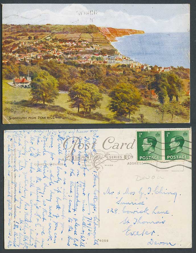 AR Quinton 1936 Old Postcard Sidmouth from Peak Hill Devon Seaside Panorama 4058