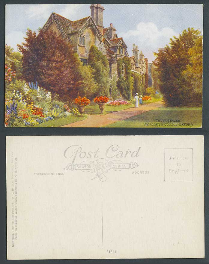 AR Quinton Old Postcard The Cottages Worcester College Oxford Garden Flower 1354