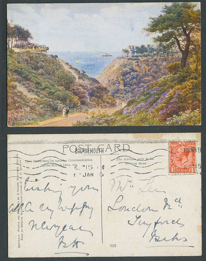 A.R. Quinton 1920 Old Postcard Durley Chine Bournemouth Dorset, Cliffs Steps 918