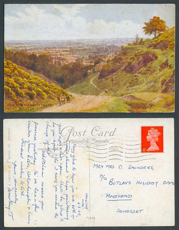 AR Quinton 1969 Old Postcard MALVERN View from Happy Valley, Worcestershire 1316