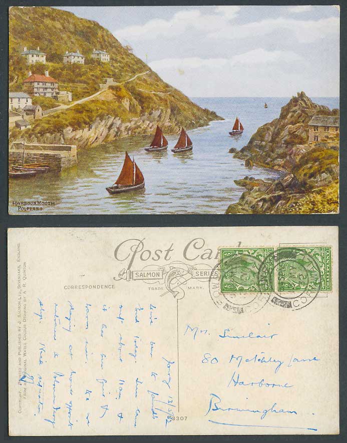 AR Quinton 1932 Old Postcard Polperro Harbour Mouth, Sailing Boats Cornwall 3307