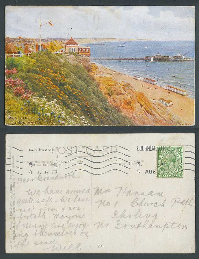 AR Quinton 1917 Old Postcard West Cliff Bournemouth, Pier Jetty Beach Dorset 920