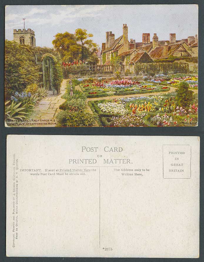 AR Quinton Old Postcard Stratford-on-Avon Shakespeare's Knot Garden & New Place