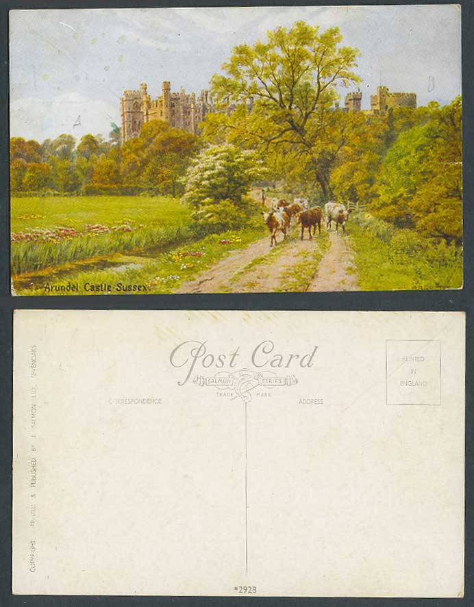 A.R. Quinton Old Postcard Arundel Castle Sussex, Cow Cattle Animals Road No.2928