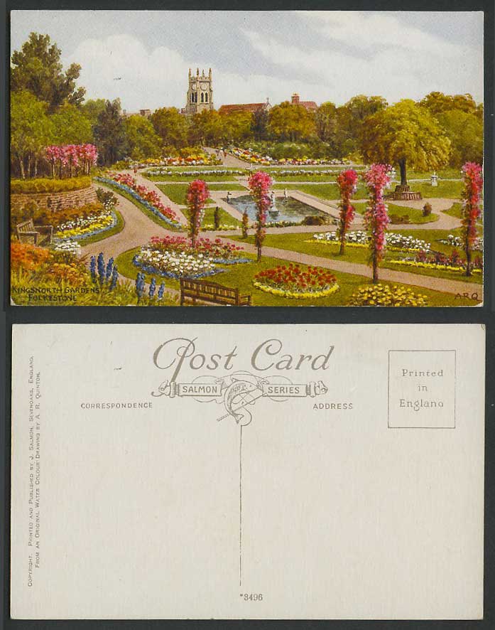 AR Quinton Old Postcard Folkestone Kingsnorth Gardens Fountain Flowers Kent 3496