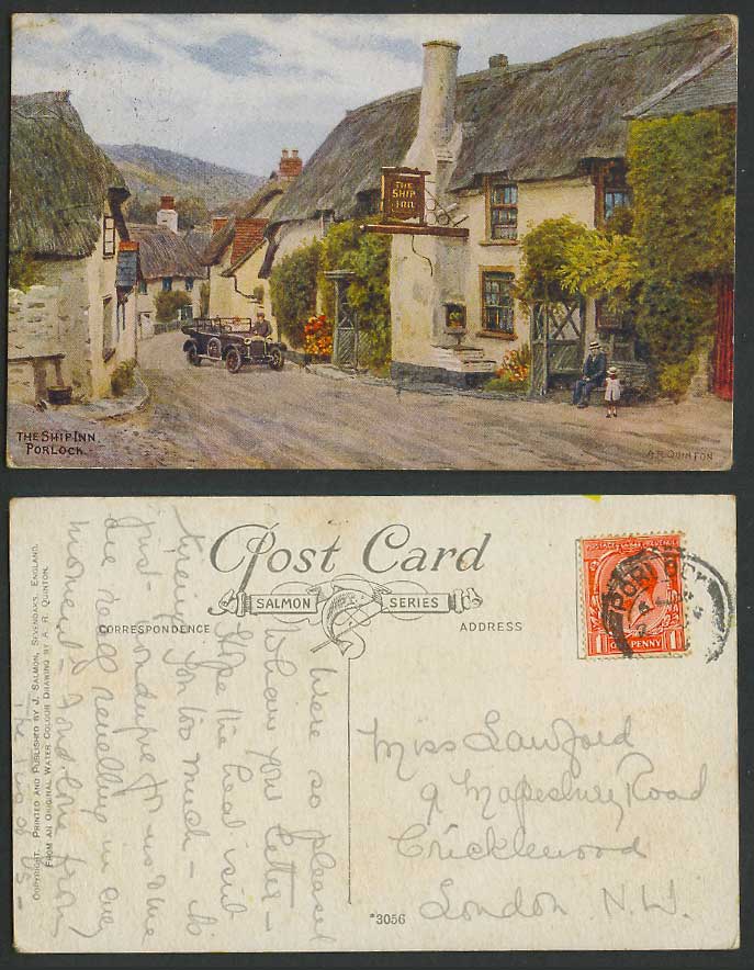 AR Quinton Old Postcard The Ship Inn Hotel Porlock Street Cottage Motor Car 3056