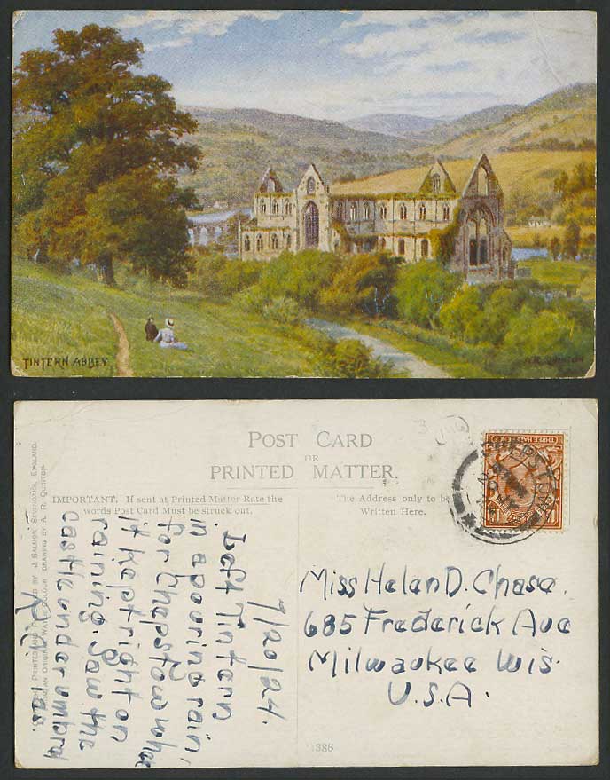 AR Quinton 1924 Old Postcard Tintern Abbey, River Scene Hills Church, Wales 1386