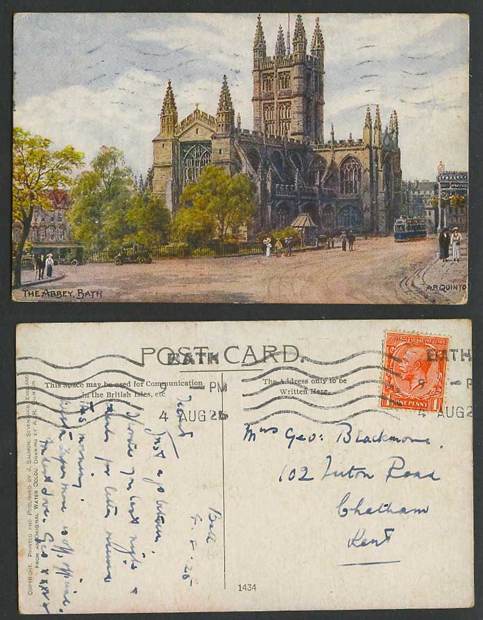 A.R. Quinton 1925 Old Postcard The Abbey, Bath, Somerset, Street Scene TRAM 1434