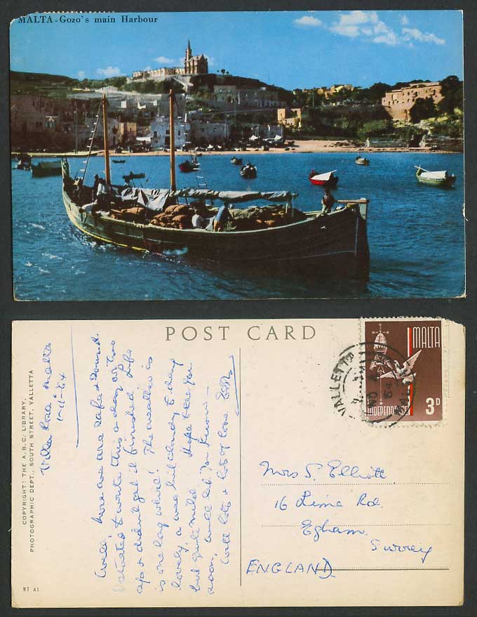 Malta 3d. 1964 Old Colour Postcard GOZO Gozo's Main Harbour, Native Boat DGHAISA
