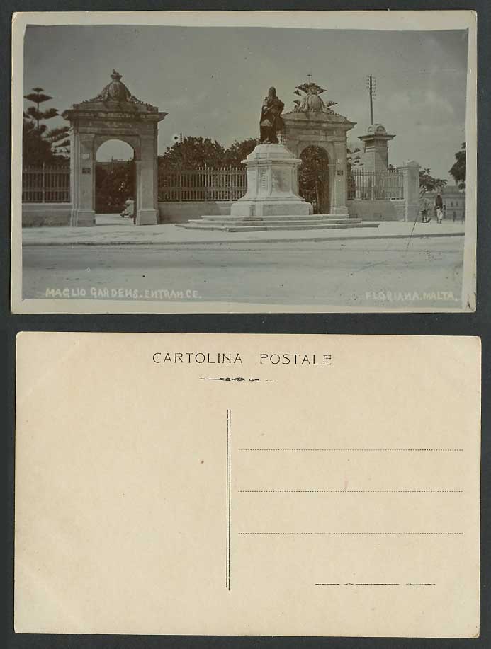 Malta Old Postcard Maglio Gardens Entrance, Floriana, Gate Gates Statue Monument