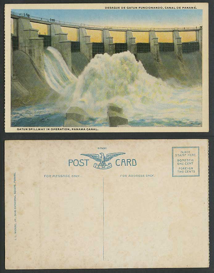 Panama Canal Old Colour Postcard Gatun Spillway in Operation, Desague de Gatun F